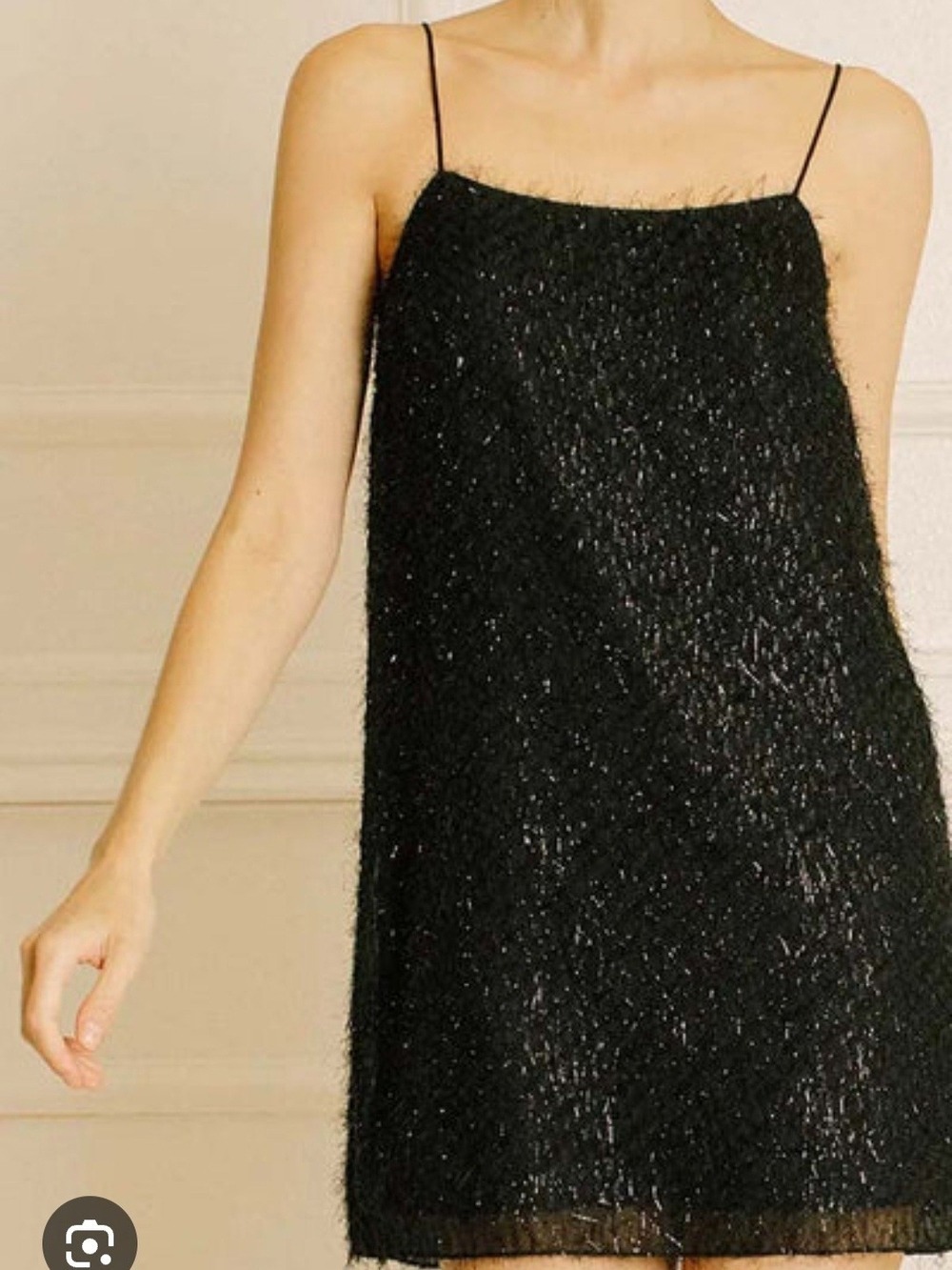 Black Spaghetti Strap Metalic Shift Dress by Storia